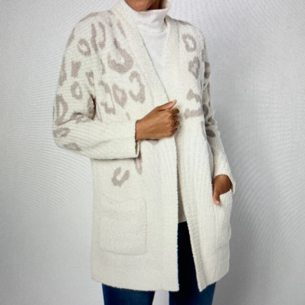 Barefoot Dreams CozyChic Open Front Cardigan With Pockets Cream Leopard L